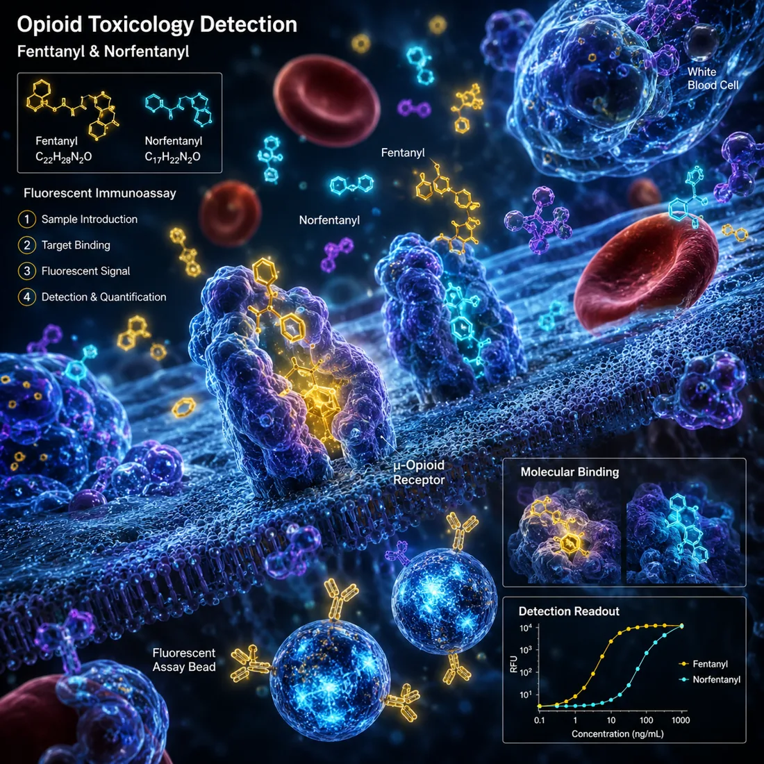 芬太尼与去甲芬太尼检测及 μ-阿片受体相互作用示意荧光图