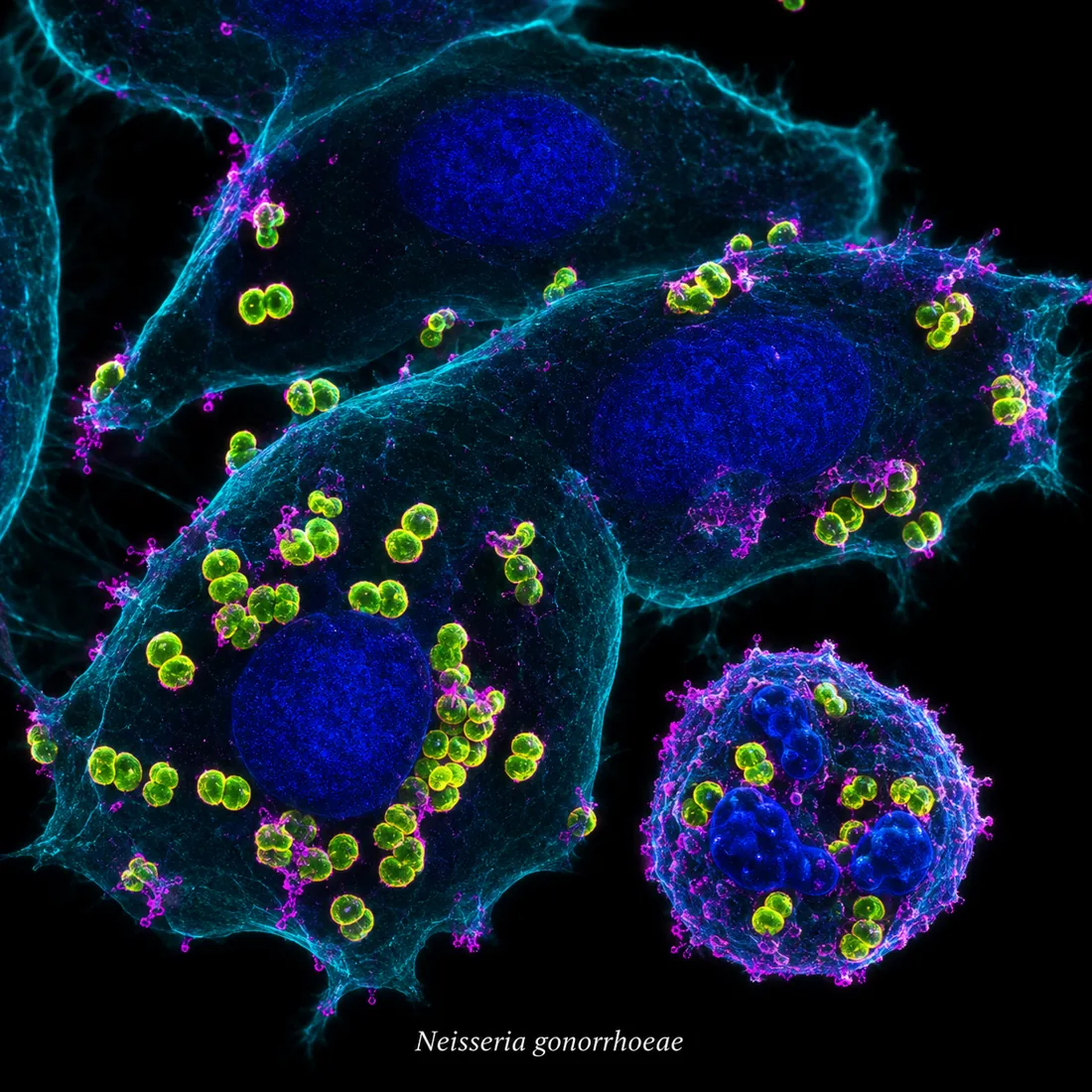 Neisseria gonorrhoeae 淋球菌双球菌与中性粒细胞示意荧光图