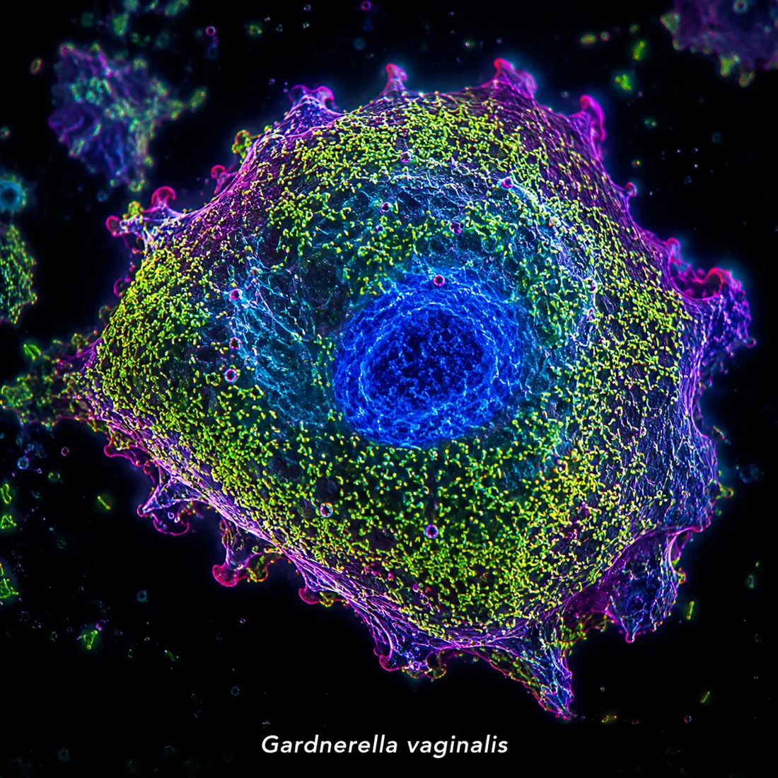 Gardnerella vaginalis 线索细胞示意荧光图：阴道上皮细胞表面密集覆盖细菌