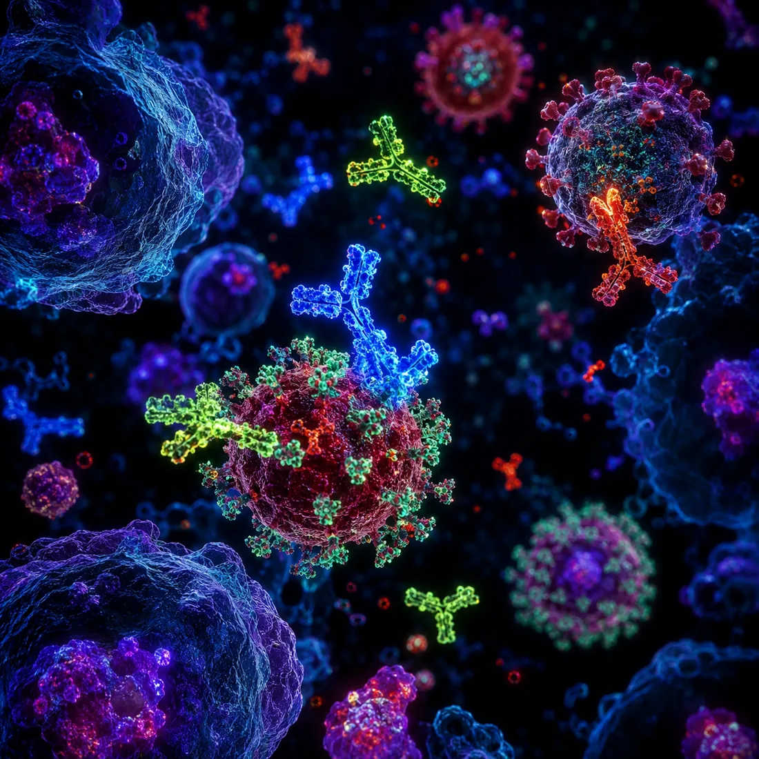 HIV-1/2 抗体检测示意图：Y 形抗体分子与病毒颗粒结合